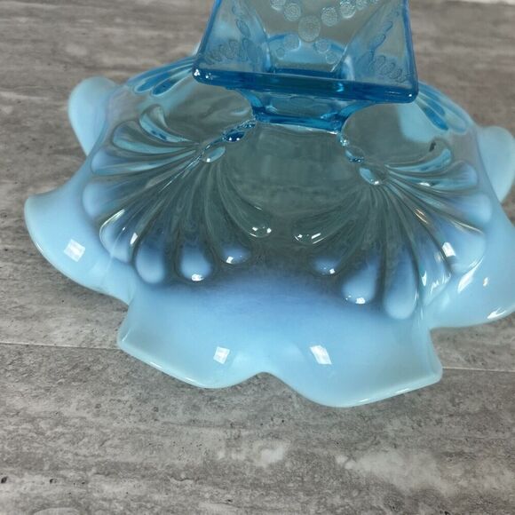 Northwood Blue Opalescent Ruffled Candy‎ Dish Shell Design Square Pedestal Base - Picture 13 of 16